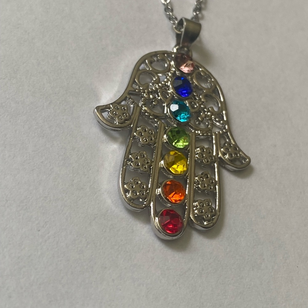 Hand of Hamsa Necklace with Multicolor Gemstones representing the 7 chakras - Picture 2 of 5